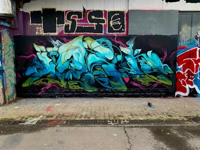 Colorful and Light Blue Stylewriting by N3M crew and Jaek. This Graffiti is located in Luxembourg, Luxembourg and was created in 2023. This Graffiti can be described as Stylewriting and Wall of Fame.