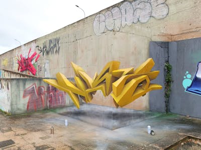 Yellow Stylewriting by Nista. This Graffiti is located in Italy and was created in 2023. This Graffiti can be described as Stylewriting, 3D, Streetart, Murals and Abandoned.