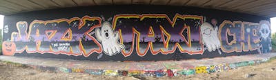 Violet and Black and Orange Stylewriting by CHE, Jazk, Taxi, 203 Crew and Sowat Crew. This Graffiti is located in weert, Netherlands and was created in 2022. This Graffiti can be described as Stylewriting, Characters and Wall of Fame.