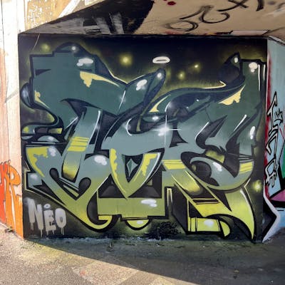 Yellow and Cyan Stylewriting by Toe One, DBL and UCB. This Graffiti is located in Frankfurt, Germany and was created in 2022. This Graffiti can be described as Stylewriting and Wall of Fame.