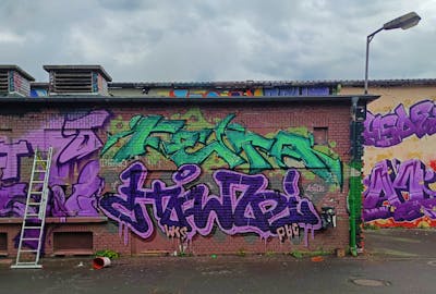 Violet and Light Green Stylewriting by HAMPI and FETA. This Graffiti is located in MÜNSTER, Germany and was created in 2023. This Graffiti can be described as Stylewriting and Wall of Fame.
