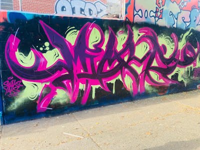 Violet and Coralle Stylewriting by Micro 79. This Graffiti is located in Bushwick NYC, United States and was created in 2022. This Graffiti can be described as Stylewriting and Wall of Fame.