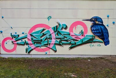 Cyan and Coralle and Blue Stylewriting by tesar.one and Nabs one. This Graffiti is located in Schweinfurt, Germany and was created in 2023. This Graffiti can be described as Stylewriting, Characters and Streetart.