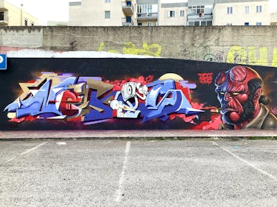 Light Blue and Red Stylewriting by Nekos and Russ. This Graffiti is located in Italy and was created in 2022. This Graffiti can be described as Stylewriting, Characters and Wall of Fame.