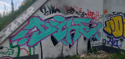 Cyan and Coralle Stylewriting by Dihez. This Graffiti is located in Wrocław, Poland and was created in 2022. This Graffiti can be described as Stylewriting and Abandoned.