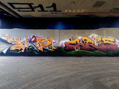 Colorful Stylewriting by Chr15 and Aser. This Graffiti is located in Leipzig, Germany and was created in 2023. This Graffiti can be described as Stylewriting, Characters and Wall of Fame.