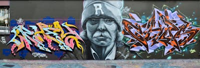 Grey and Colorful Stylewriting by DavePlant, damianoct1_xrc and Chips. This Graffiti is located in London, United Kingdom and was created in 2023. This Graffiti can be described as Stylewriting, Characters and Wall of Fame.