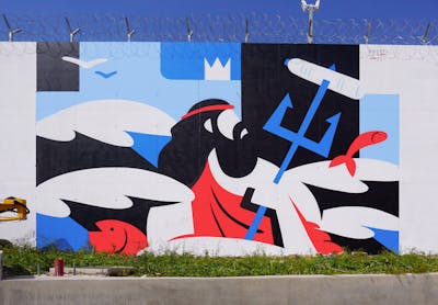 Light Blue and Red Characters by Gospel. This Graffiti is located in Athens, Greece and was created in 2022. This Graffiti can be described as Characters and Futuristic.