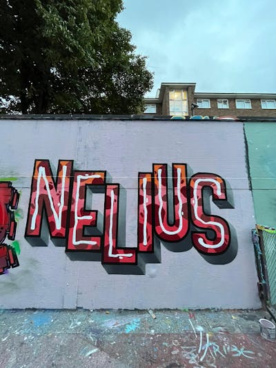 Red and Grey Stylewriting by Nelius and smo__crew. This Graffiti is located in London, United Kingdom and was created in 2023. This Graffiti can be described as Stylewriting and Street Bombing.