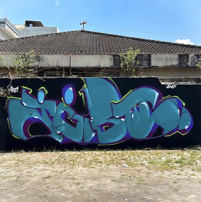 Cyan and Violet and Light Green Stylewriting by Jibo and MDS. This Graffiti is located in Lombok, Indonesia and was created in 2023. This Graffiti can be described as Stylewriting and Atmosphere.