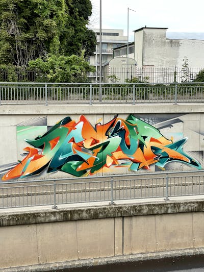 Orange and Colorful Wall of Fame by Desur and new. This Graffiti is located in Wels, Austria and was created in 2021. This Graffiti can be described as Wall of Fame and Stylewriting.