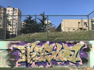 Gold and Colorful Stylewriting by Tesla. This Graffiti is located in Tbilisi, Georgia and was created in 2021.