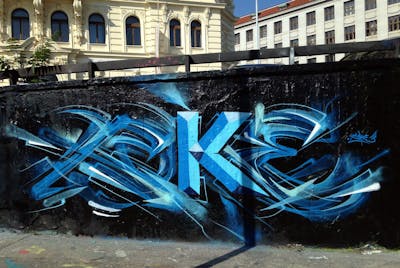 Blue and Light Blue Stylewriting by Coke. This Graffiti is located in Budapest, Hungary and was created in 2017. This Graffiti can be described as Stylewriting and Futuristic.