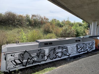 Grey and White Stylewriting by Menni96. This Graffiti is located in Switzerland and was created in 2022. This Graffiti can be described as Stylewriting, Trains and Wholecars.