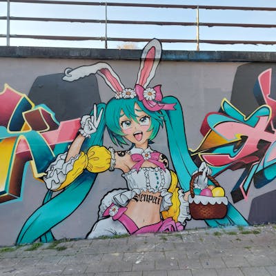 Colorful Characters by Senpaigraffiti. This Graffiti is located in Hasselt, Belgium and was created in 2023. This Graffiti can be described as Characters and Streetart.