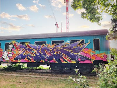 Colorful and Violet Stylewriting by Riots. This Graffiti is located in Jena, Germany and was created in 2023. This Graffiti can be described as Stylewriting, Characters, Trains, Wall of Fame and Atmosphere.