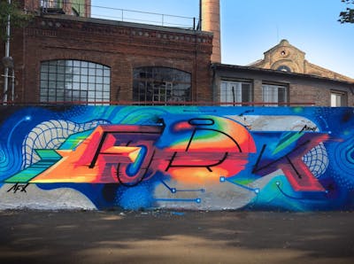 Colorful and Blue Stylewriting by Fork Imre. This Graffiti is located in Budapest, Hungary and was created in 2017. This Graffiti can be described as Stylewriting, Wall of Fame, Futuristic and 3D.