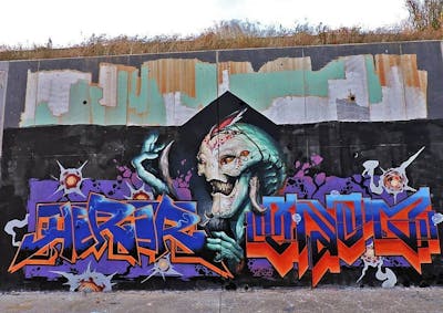 Violet and Colorful Stylewriting by YEKO, herer and grams. This Graffiti is located in Tabernes Blanques, Spain and was created in 2020. This Graffiti can be described as Stylewriting and Characters.