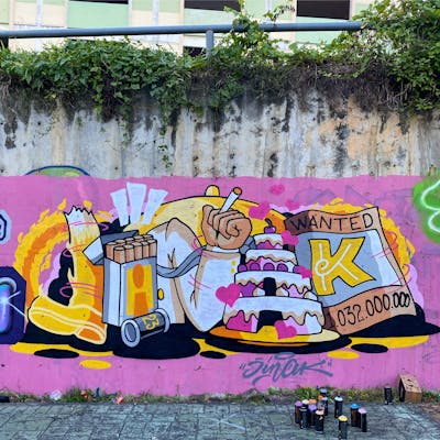 Beige and Yellow and Coralle Stylewriting by JINAK. This Graffiti is located in Batam, Indonesia and was created in 2023. This Graffiti can be described as Stylewriting and Characters.