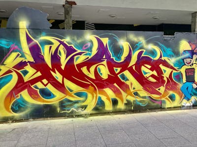 Yellow and Red and Colorful Stylewriting by Micro 79. This Graffiti is located in South End, United Kingdom and was created in 2023. This Graffiti can be described as Stylewriting and Characters.