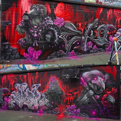 Grey and Red and Violet Stylewriting by Codex, Joker, Oeko, Aber and Jason. This Graffiti is located in Hamburg, Germany and was created in 2023. This Graffiti can be described as Stylewriting, Characters and Wall of Fame.