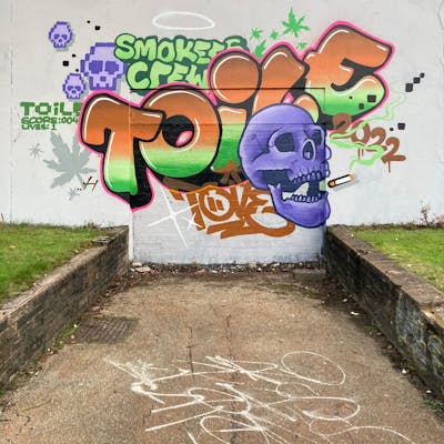 Colorful and Light Green and Brown Stylewriting by Toile and smo__crew. This Graffiti is located in London, United Kingdom and was created in 2022. This Graffiti can be described as Stylewriting and Characters.