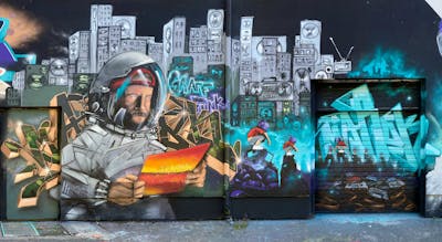 Orange and Violet and Cyan Murals by Graff.Funk and Marok. This Graffiti is located in Leipzig, Germany and was created in 2023. This Graffiti can be described as Murals, Stylewriting and Characters.