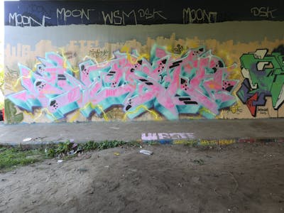 Coralle and Cyan and Beige Stylewriting by WASTE and RME. This Graffiti is located in Amsterdam, Netherlands and was created in 2023. This Graffiti can be described as Stylewriting and Wall of Fame.