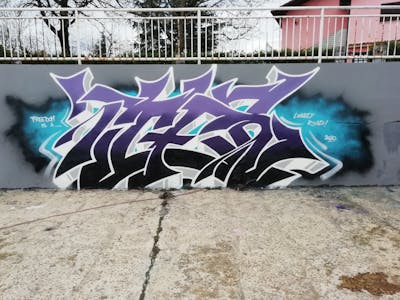 Violet and Black and White Stylewriting by Tiger. This Graffiti is located in Viškovo, Croatia and was created in 2020. This Graffiti can be described as Stylewriting and Wall of Fame.