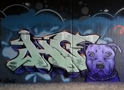 Violet and Grey and Light Green Stylewriting by Chr15 and HG. This Graffiti is located in Leipzig, Germany and was created in 2023. This Graffiti can be described as Stylewriting, Characters and Wall of Fame.