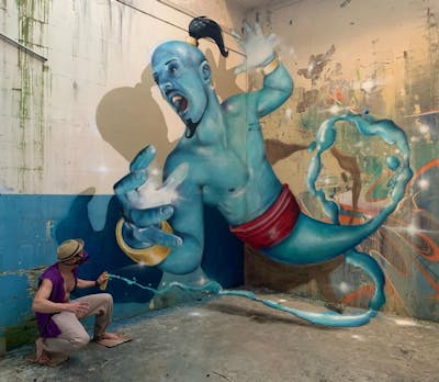 Light Blue and Colorful Characters by scaf. This Graffiti is located in France and was created in 2020. This Graffiti can be described as Characters, 3D, Abandoned and Streetart.
