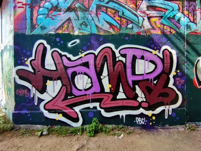 Violet and Red Stylewriting by HAMPI and PBC. This Graffiti is located in MÜNSTER, Germany and was created in 2022. This Graffiti can be described as Stylewriting and Wall of Fame.