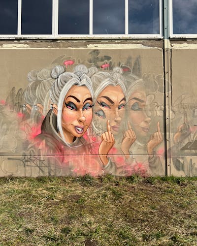 Grey and Beige and Coralle Characters by Tokk. This Graffiti is located in Salzwedel, Germany and was created in 2024. This Graffiti can be described as Characters and Streetart.