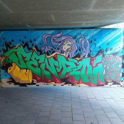 Colorful and Light Green Stylewriting by Senpai. This Graffiti is located in Dordrecht, Netherlands and was created in 2022. This Graffiti can be described as Stylewriting, Characters and Wall of Fame.