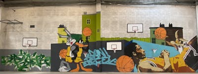 Colorful Stylewriting by TWA, DON, Rebel and TBS. This Graffiti is located in Lyon, France and was created in 2023. This Graffiti can be described as Stylewriting, Characters, Murals, Commission and Streetart.