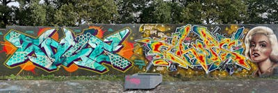Colorful Stylewriting by CDSK, sage and Chips. This Graffiti is located in London, United Kingdom and was created in 2023. This Graffiti can be described as Stylewriting, Characters, Wall of Fame and Streetart.