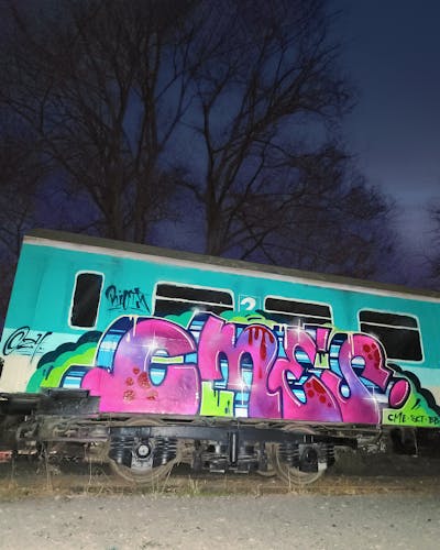 Coralle and Colorful Stylewriting by Riots and cme. This Graffiti is located in Jena, Germany and was created in 2024. This Graffiti can be described as Stylewriting, Trains and Freights.