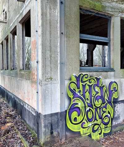 Light Green and Violet Stylewriting by Shew, the Buddys and Büro21. This Graffiti is located in Strausberg, Germany and was created in 2024. This Graffiti can be described as Stylewriting and Abandoned.