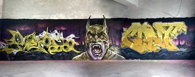 Violet and Yellow Stylewriting by Peru, Mejo and Cint. This Graffiti is located in Hungary and was created in 2022. This Graffiti can be described as Stylewriting, Characters and Abandoned.
