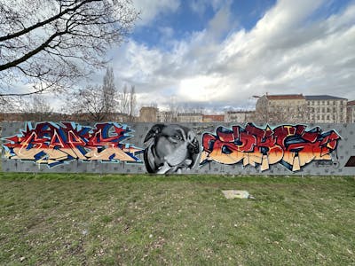 Red and Beige and Grey Stylewriting by Gaps, Primo and ZBG. This Graffiti is located in Leipzig, Germany and was created in 2024. This Graffiti can be described as Stylewriting, Characters and Wall of Fame.
