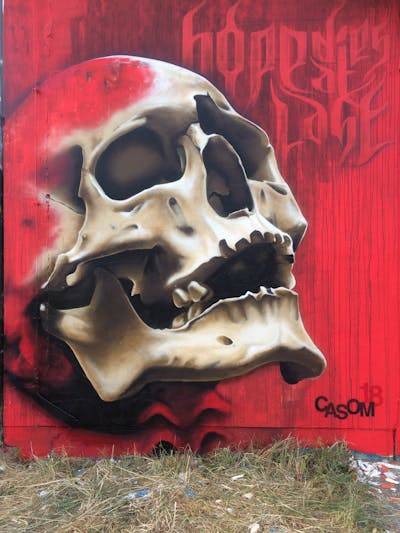Red and Beige Characters by casom and 7hells. This Graffiti is located in Radebeul, Germany and was created in 2018. This Graffiti can be described as Characters and Wall of Fame.