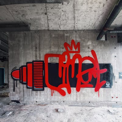 Red and Black Characters by Cimet. This Graffiti is located in Zagreb, Croatia and was created in 2023. This Graffiti can be described as Characters, Handstyles and Abandoned.