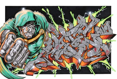 Chrome and Green and Orange Blackbook by Karma Two Gee and Mate. This Graffiti is located in Greece and was created in 2021. This Graffiti can be described as Blackbook.