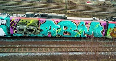 Cyan Stylewriting by ABM and Niker. This Graffiti is located in Germany and was created in 2019. This Graffiti can be described as Stylewriting, Characters, Trains and Wholecars.