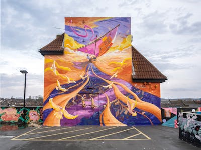 Orange and Violet Characters by Tris. This Graffiti is located in Penge west London, United Kingdom and was created in 2024. This Graffiti can be described as Characters, Streetart and Murals.
