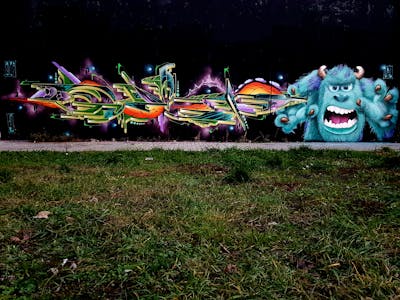 Colorful Stylewriting by Gosp and Juicey. This Graffiti is located in Leipzig, Germany and was created in 2020. This Graffiti can be described as Stylewriting, Characters and Wall of Fame.
