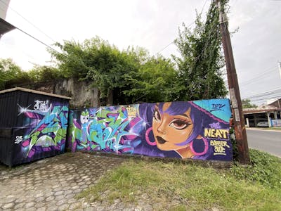 Violet and Colorful Stylewriting by Eno_onf and DEV. This Graffiti is located in Jambi, Indonesia and was created in 2023. This Graffiti can be described as Stylewriting, Characters and Commission.