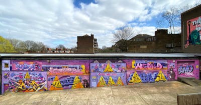 Coralle and Yellow and Violet Stylewriting by Nelius, Sorez, hertse1, TUIS, Core246, Deats, Sky High, Chips, Roo, Toile and SMO CREW. This Graffiti is located in London, United Kingdom and was created in 2021. This Graffiti can be described as Stylewriting, Characters and Murals.