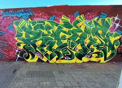 Light Green and Yellow and Red Stylewriting by Biwsone. This Graffiti is located in Barcelona, Spain and was created in 2023.