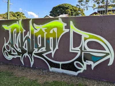 Colorful and Grey Stylewriting by Cc_pinturas. This Graffiti is located in Murwillumbah, Australia and was created in 2021. This Graffiti can be described as Stylewriting and Wall of Fame.
